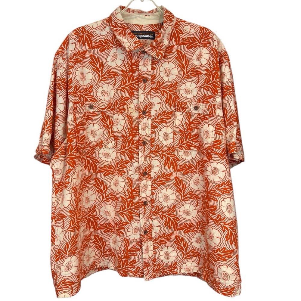 Reyn Spooner Hawaiian Shirt Mens Linen blend  Orange Floral Button Down XXL